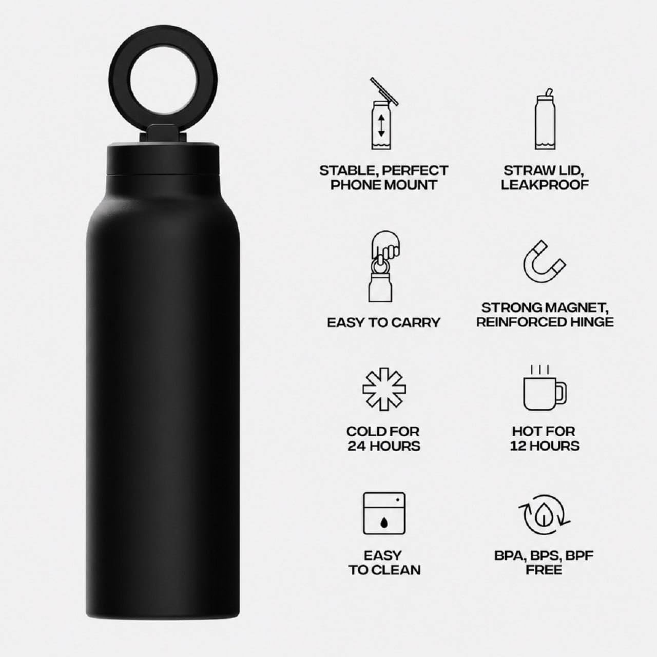 Water Bottle with Magnetic Phone Holder, Compatible with Tripod Mount for iPhone,