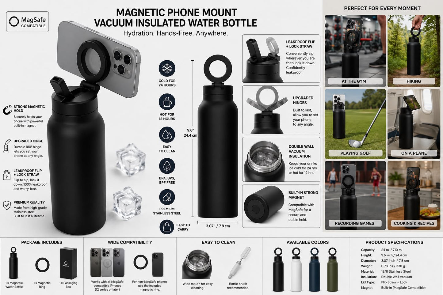 Water Bottle with Magnetic Phone Holder, Compatible with Tripod Mount for iPhone,