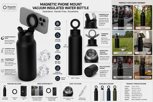 Water Bottle with Magnetic Phone Holder, Compatible with Tripod Mount for iPhone,
